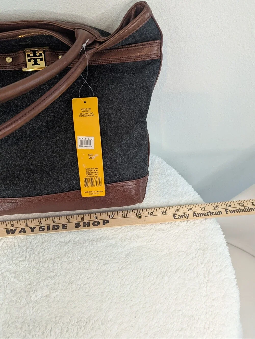 Authentic Tory Burch Anniversary Flannel Tote - Charcoal Wool & Leather